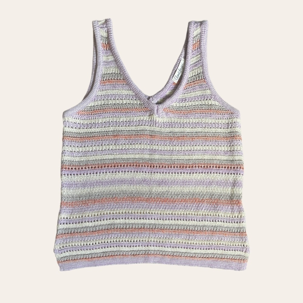 🌺 Cloud Chaser Pastel Semi Cropped Boho Stripe Loose Knit Tank Top Size S